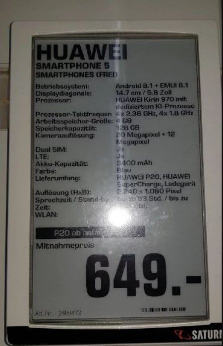 Huawei P20 specifikacije